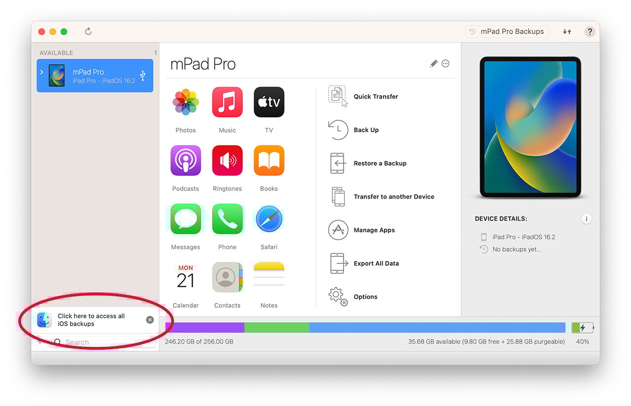 iMazing Home Screen with Finder Backup Access Button