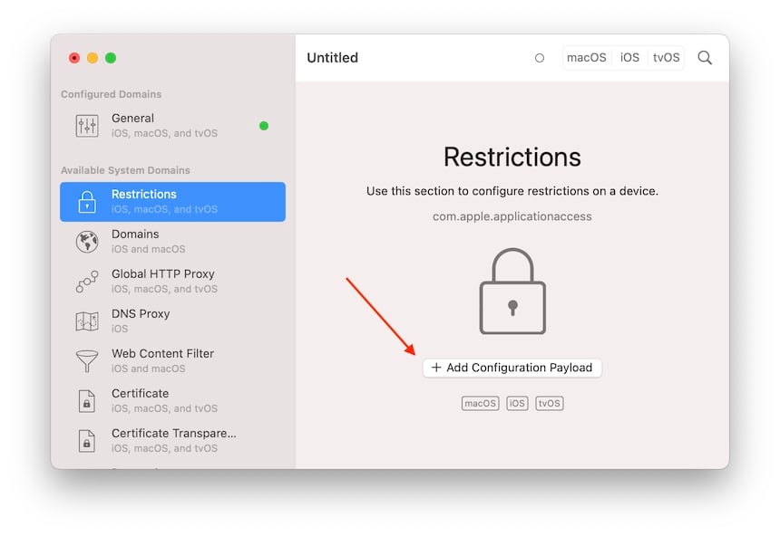 Profile Editor, Restrictions selected, Add button highlighted