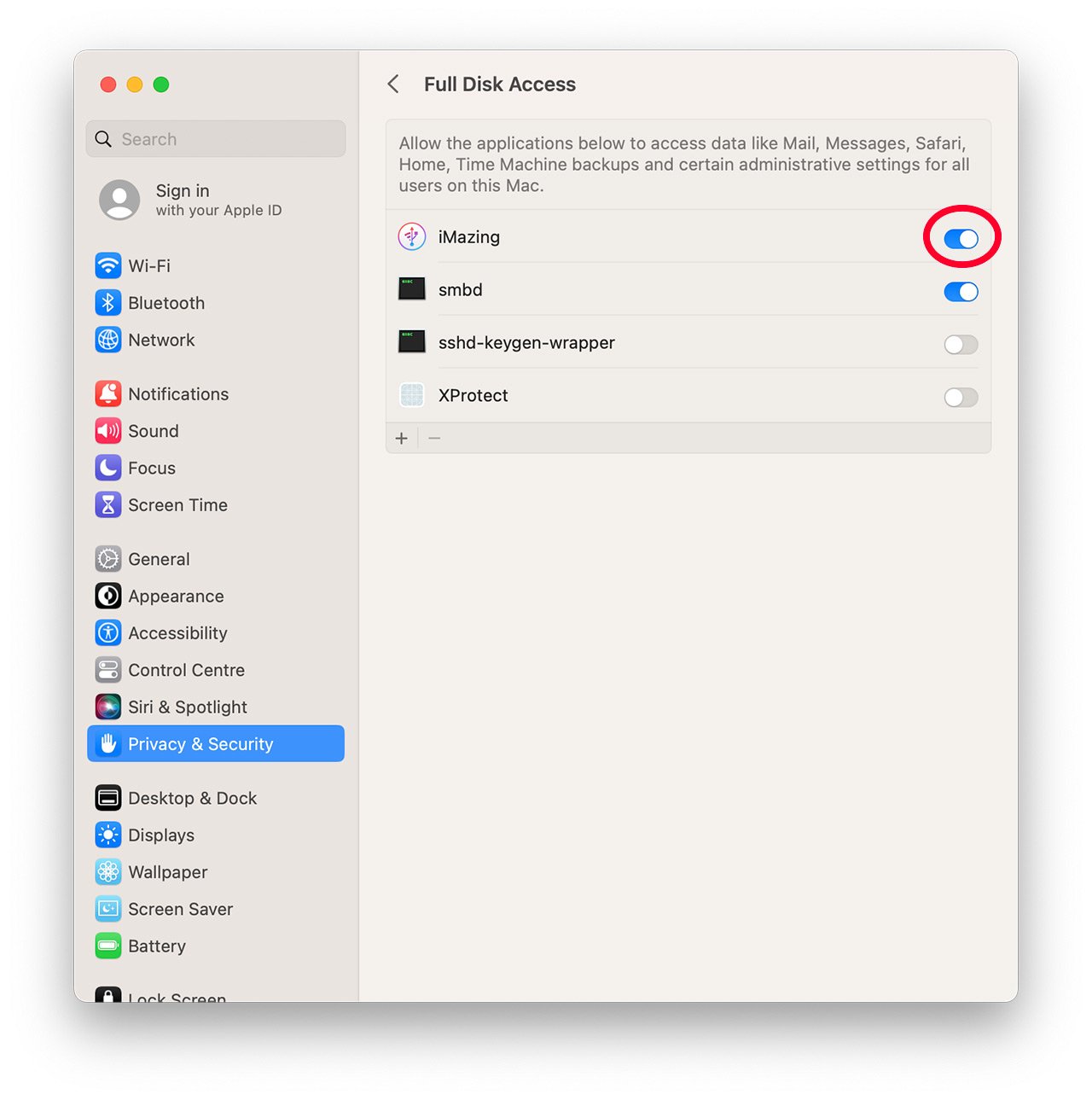 Full Disk Access screen in System Settings