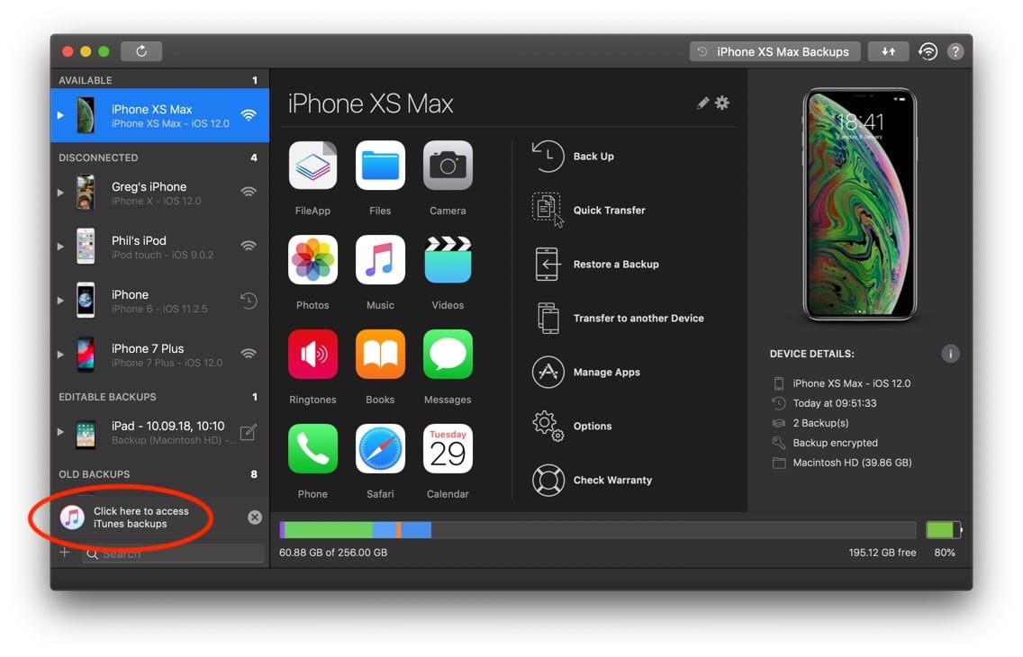 iMazing Home Screen with iTunes Backups Access Button