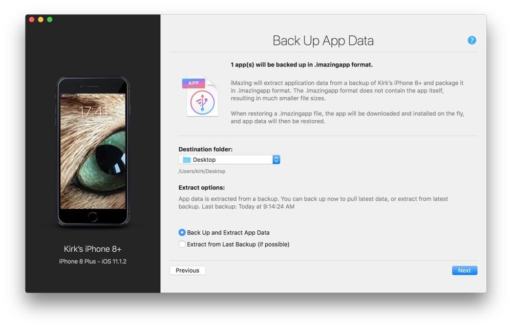 iMazing Extract App Data Screen