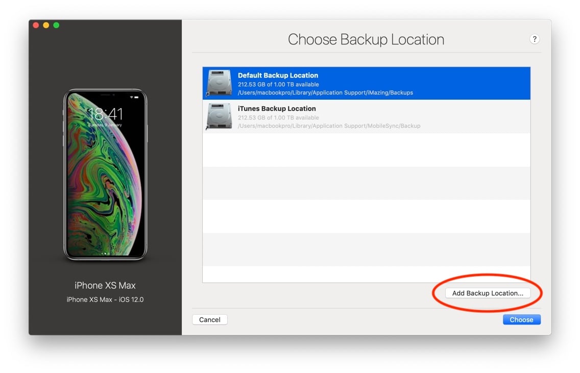 iMazing device options screen