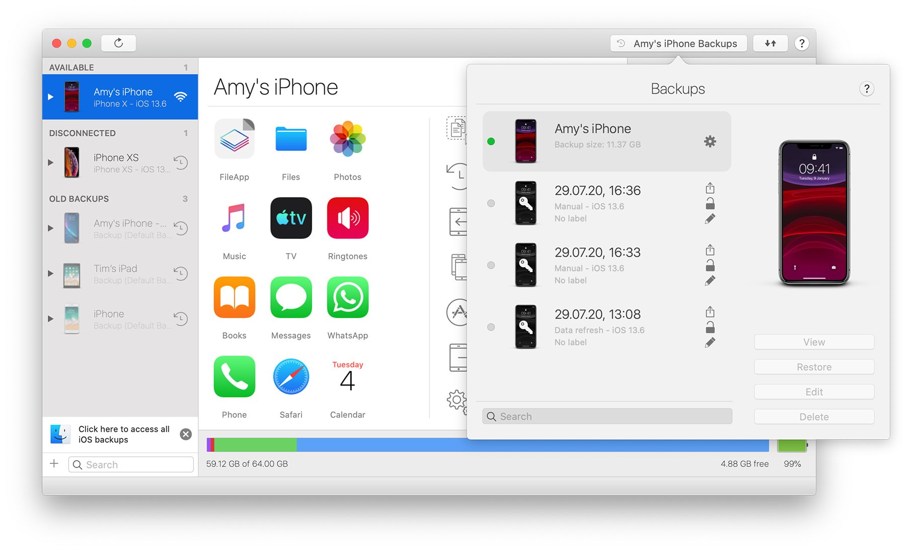 iMazing's backup list with backups selected