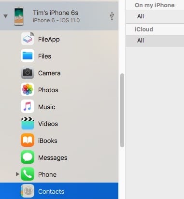 iMazing's Contacts view with 'On my iPhone' selected