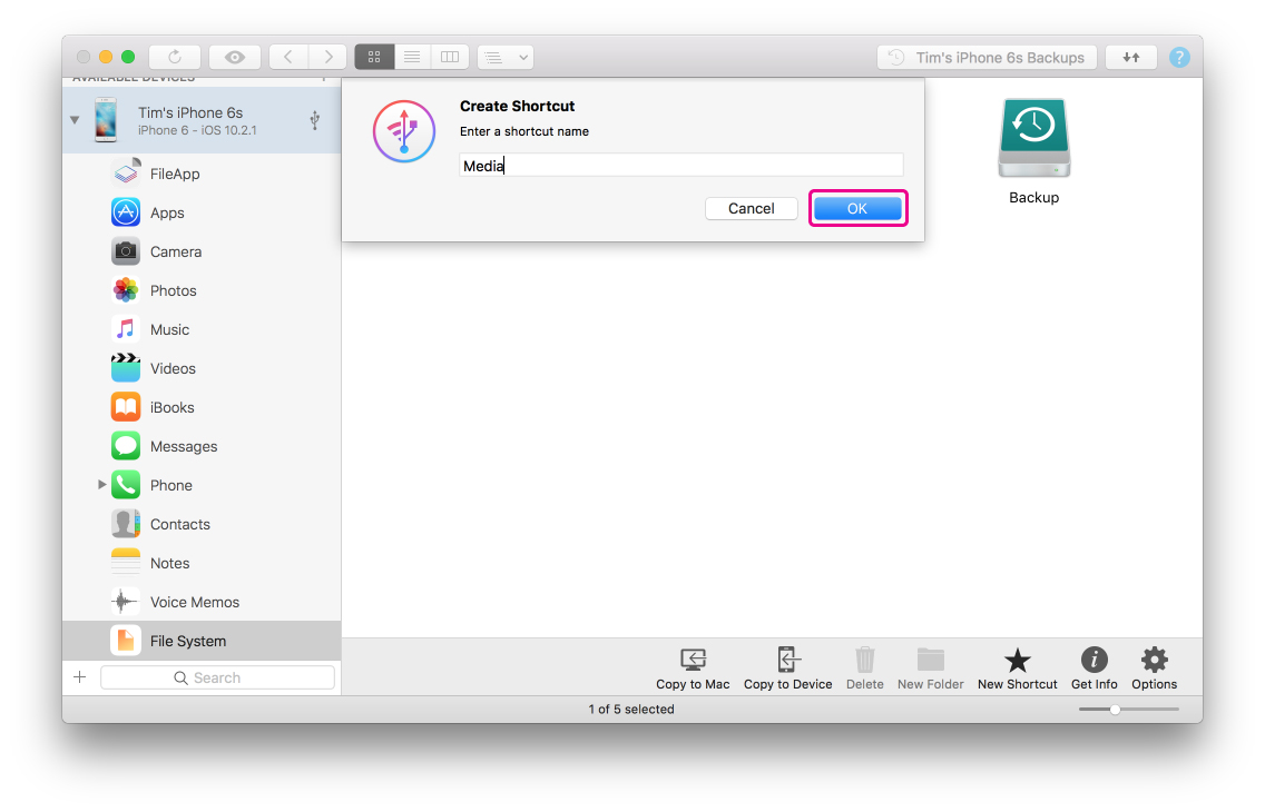 iMazing create new shortcut dialog box