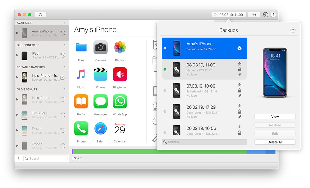 iMazing's backup list with current state selected