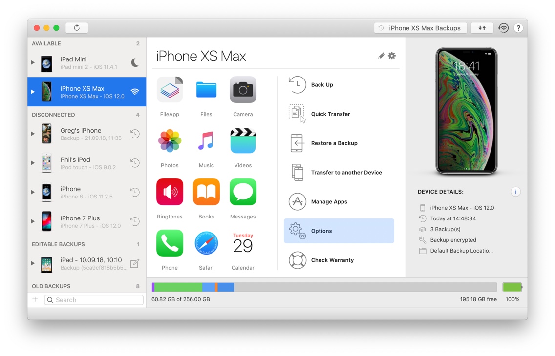 Device selected in sidebar