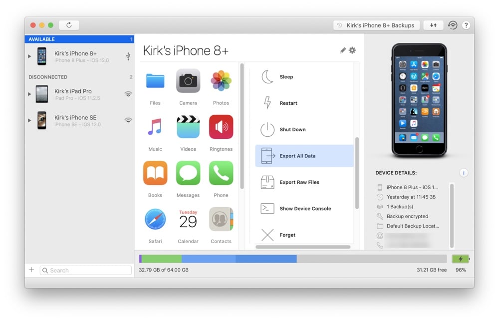 iMazing Home Screen, Export All Data button highlighted