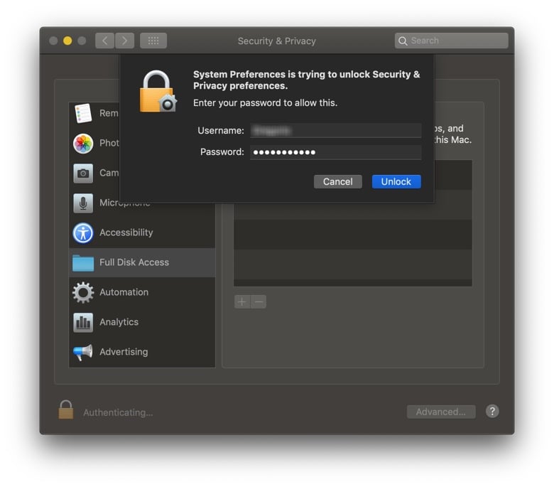 Full Disk Access screen in Preferences, unlock prompt
