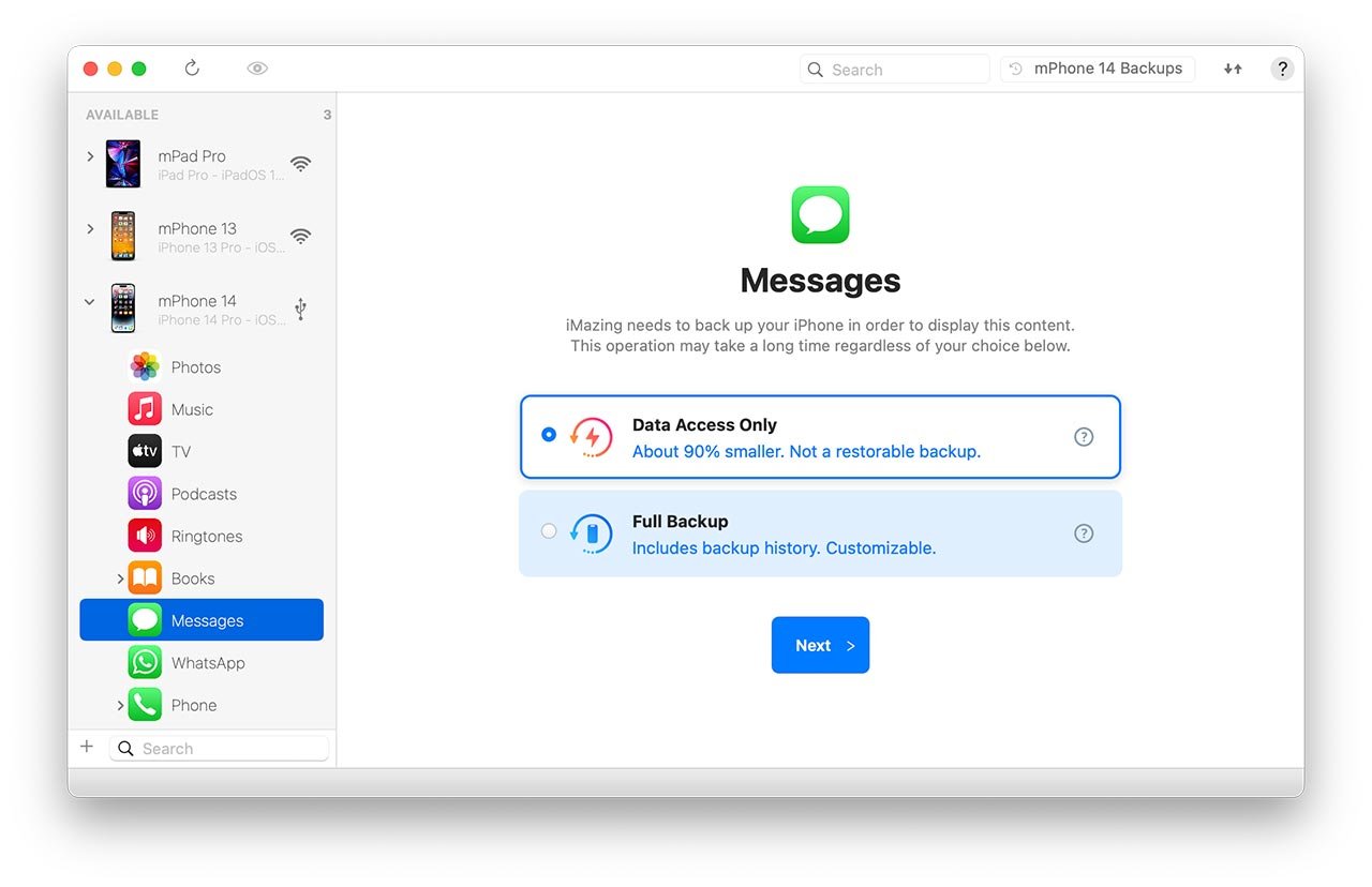 iMazing's Dataset Access Option