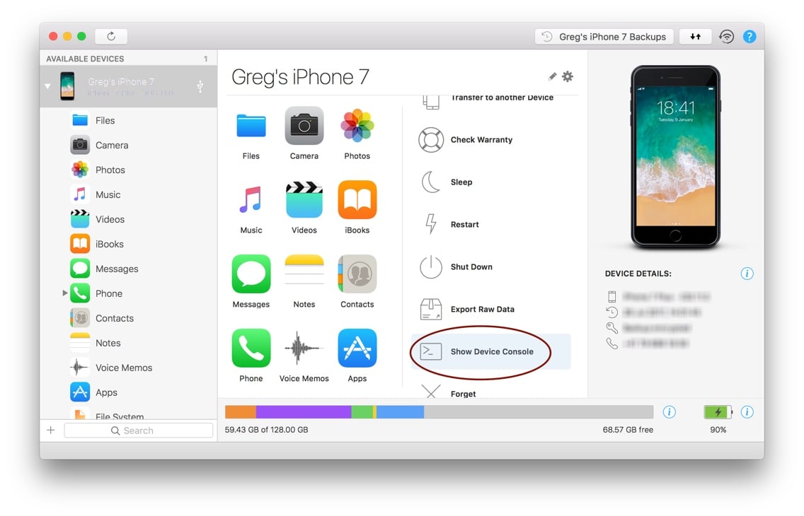 iMazing Device Console Button