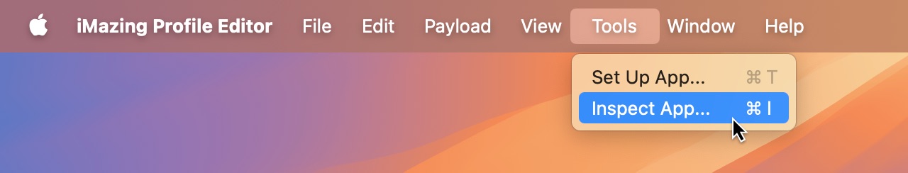 The iMazing Profile Editor menu bar showing the 'Inspect App...' option