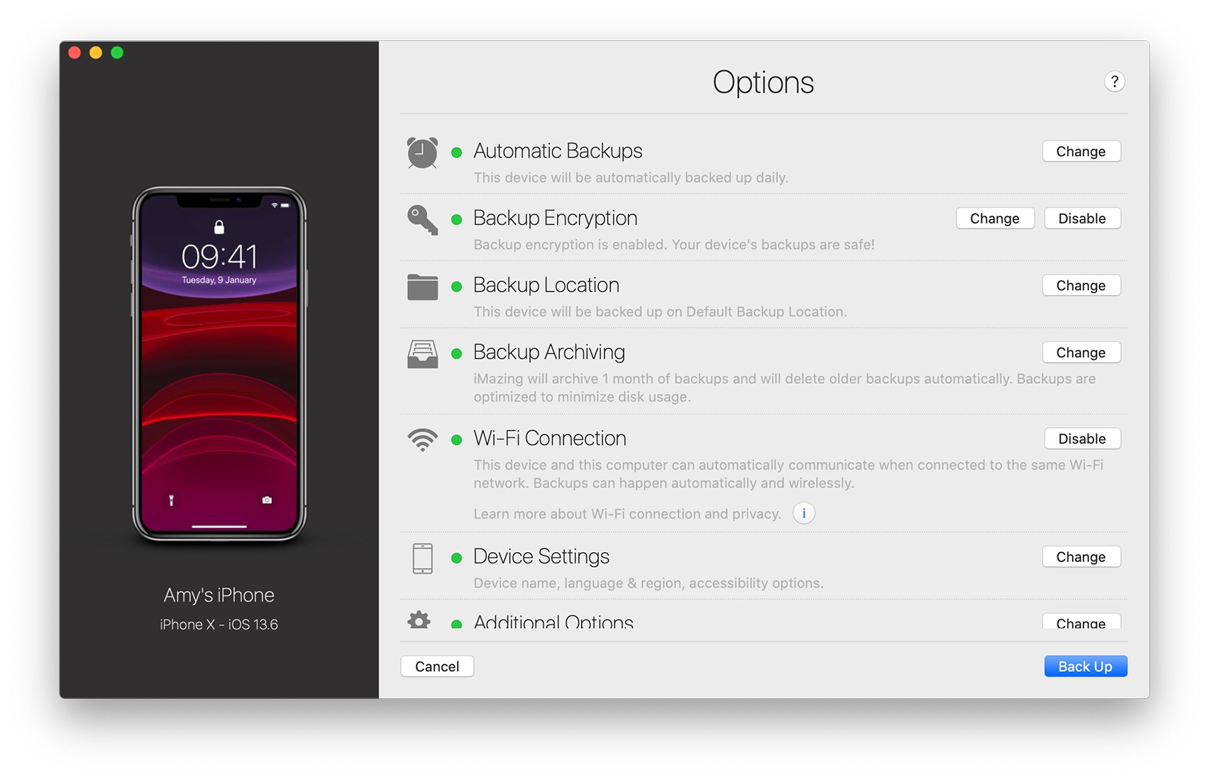 iMazing, Device Options Screen