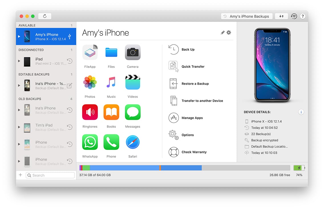 iMazing's main view with device selected
