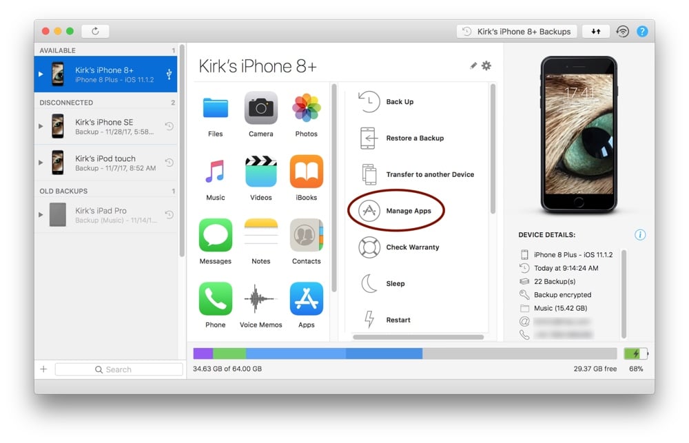 iMazing Main Screen, Manage Apps Highlighted