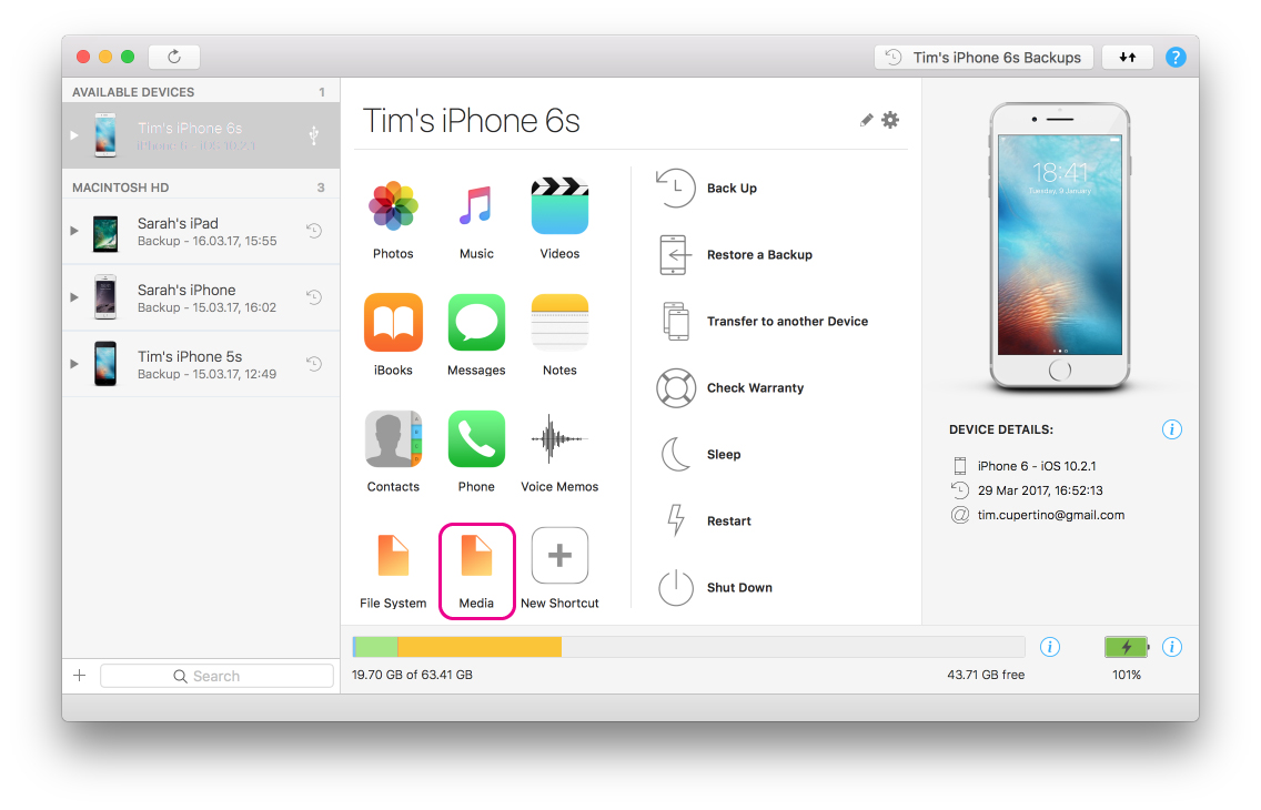 iMazing main view with new media shorcut