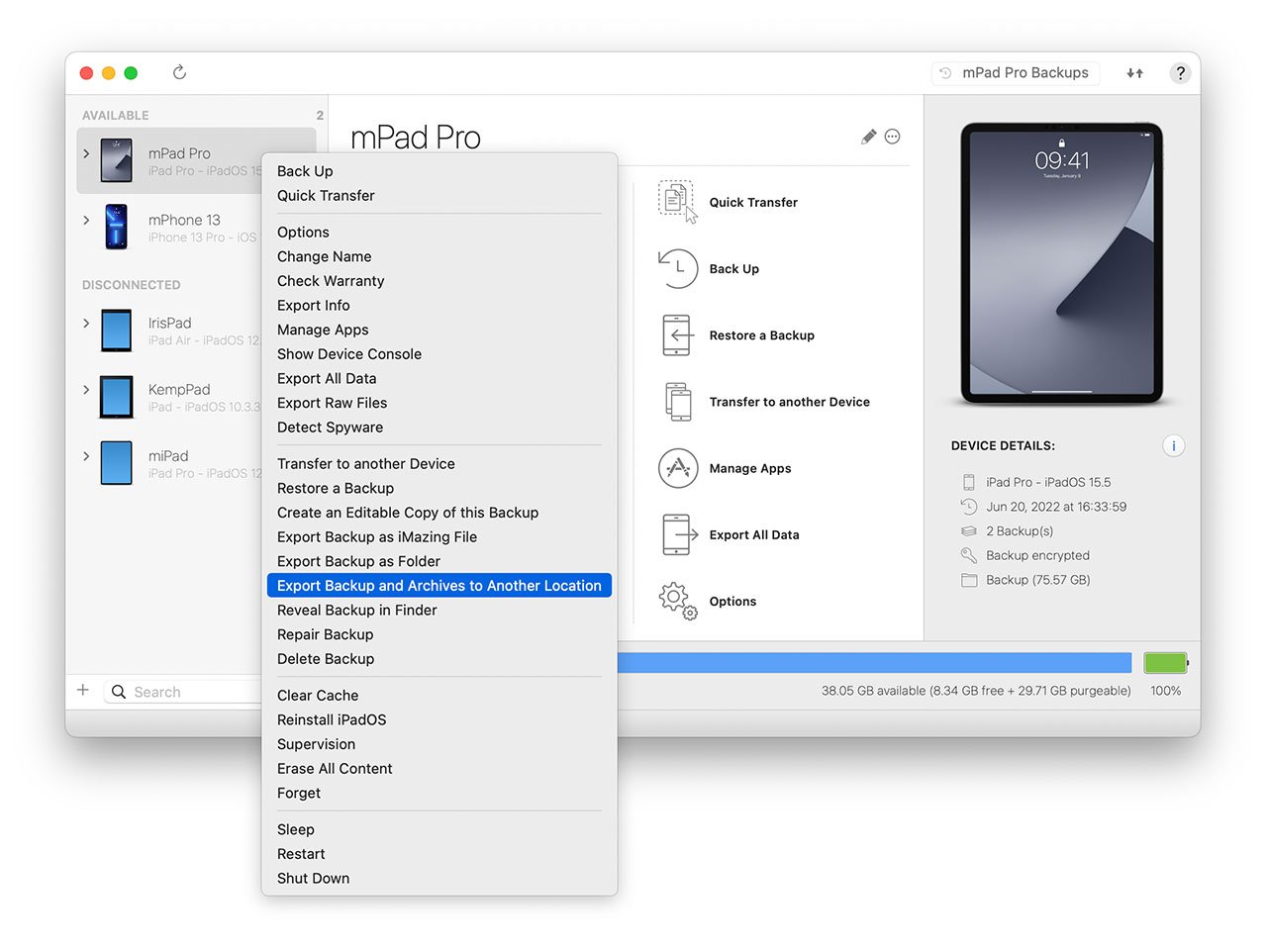 Contextual Menu Export Backup and Archives to Another Location