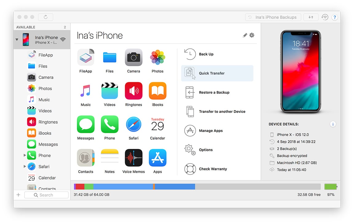 Quick Transfer action button in iMazing