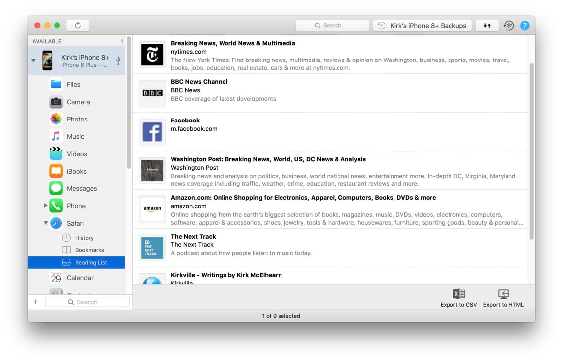 iMazing Safari Reading Lists View