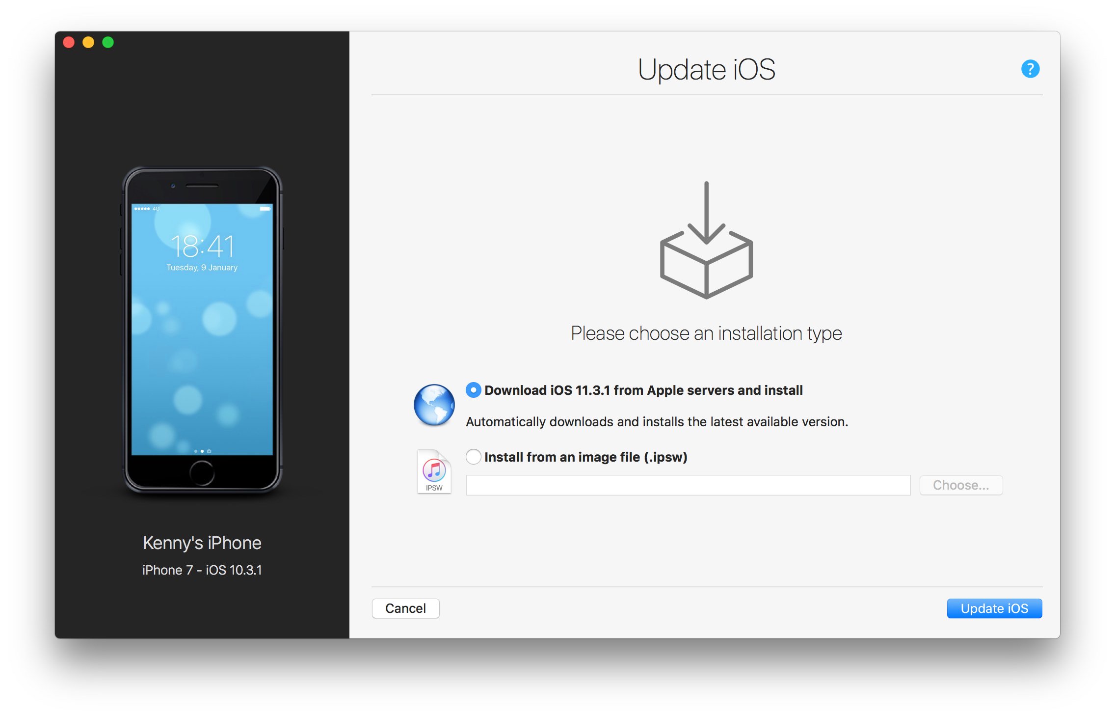 iMazing Update iOS Choose IPSW Screen
