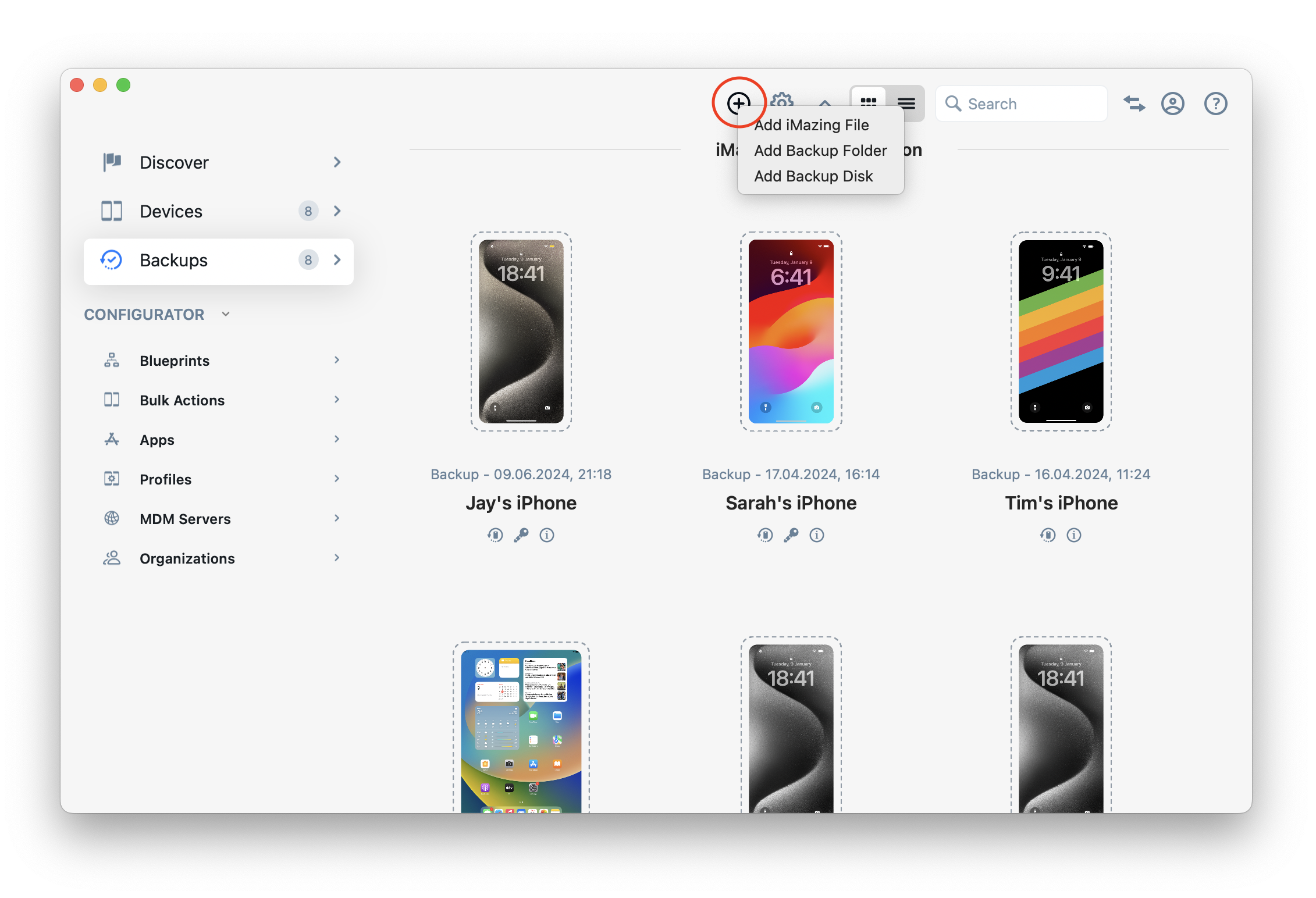 iMazing 3 Home Screen - Add Backup Menu