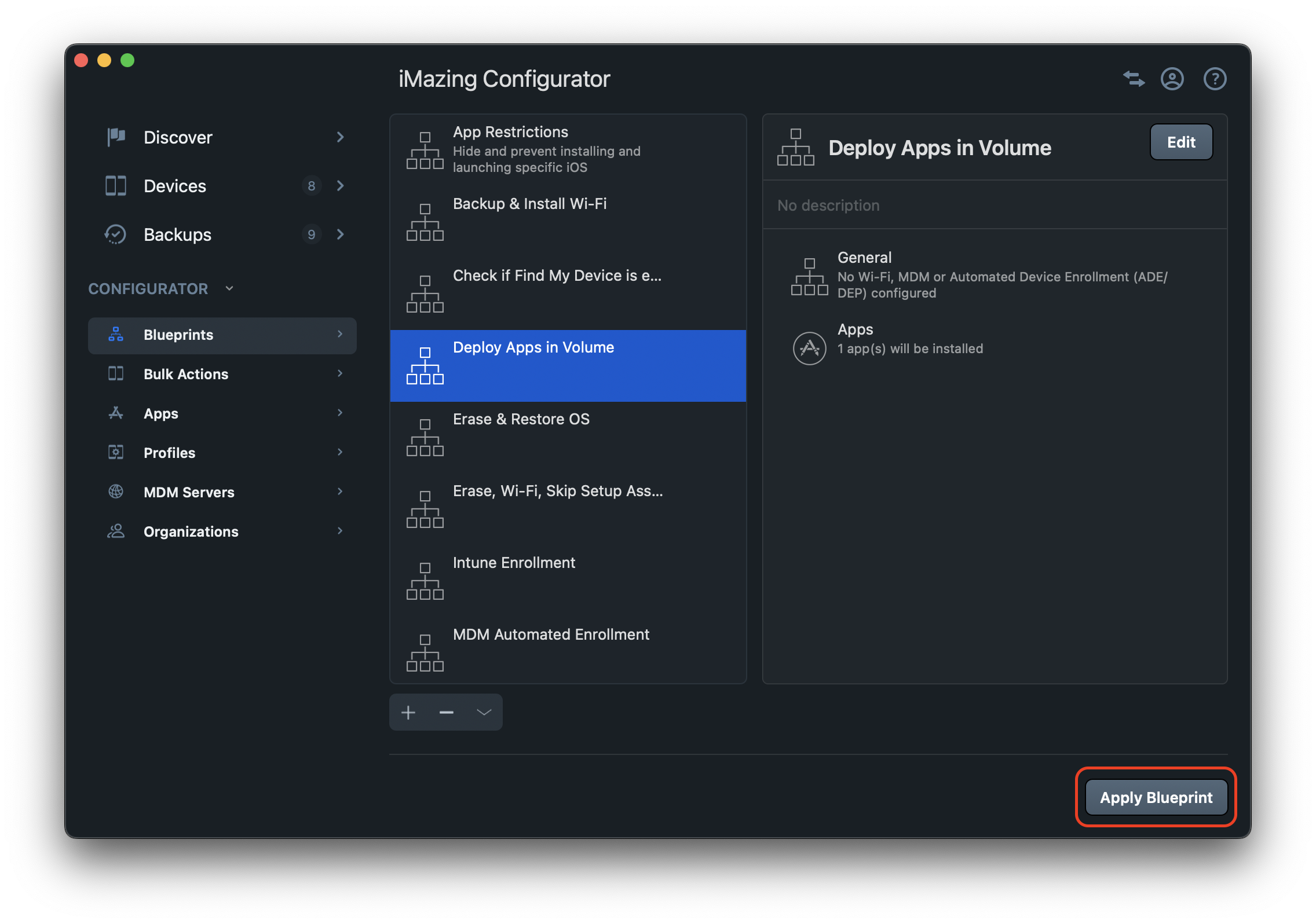iMazing Configurator Apply Blueprint