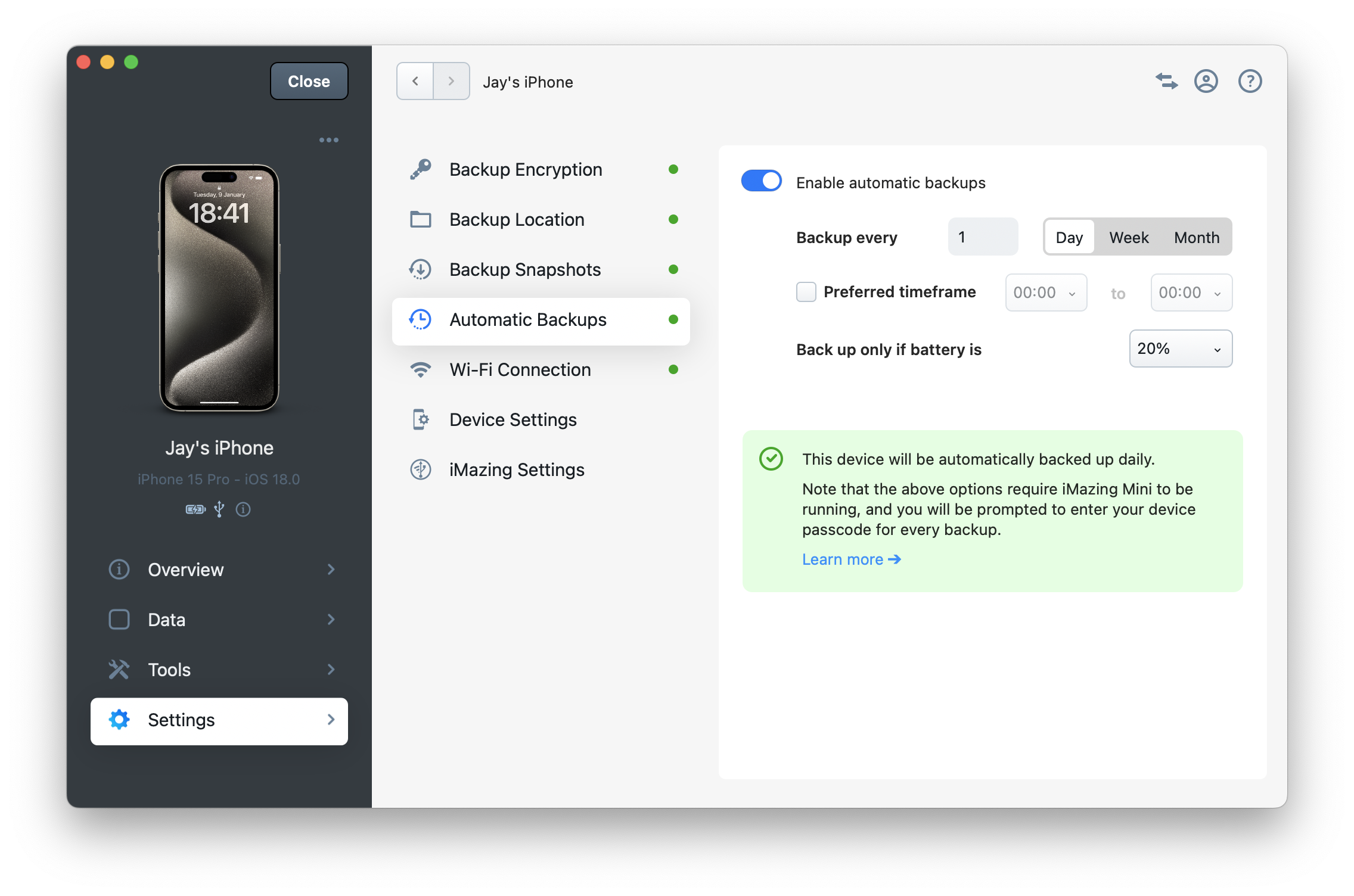 iMazing Automatic Backup Options