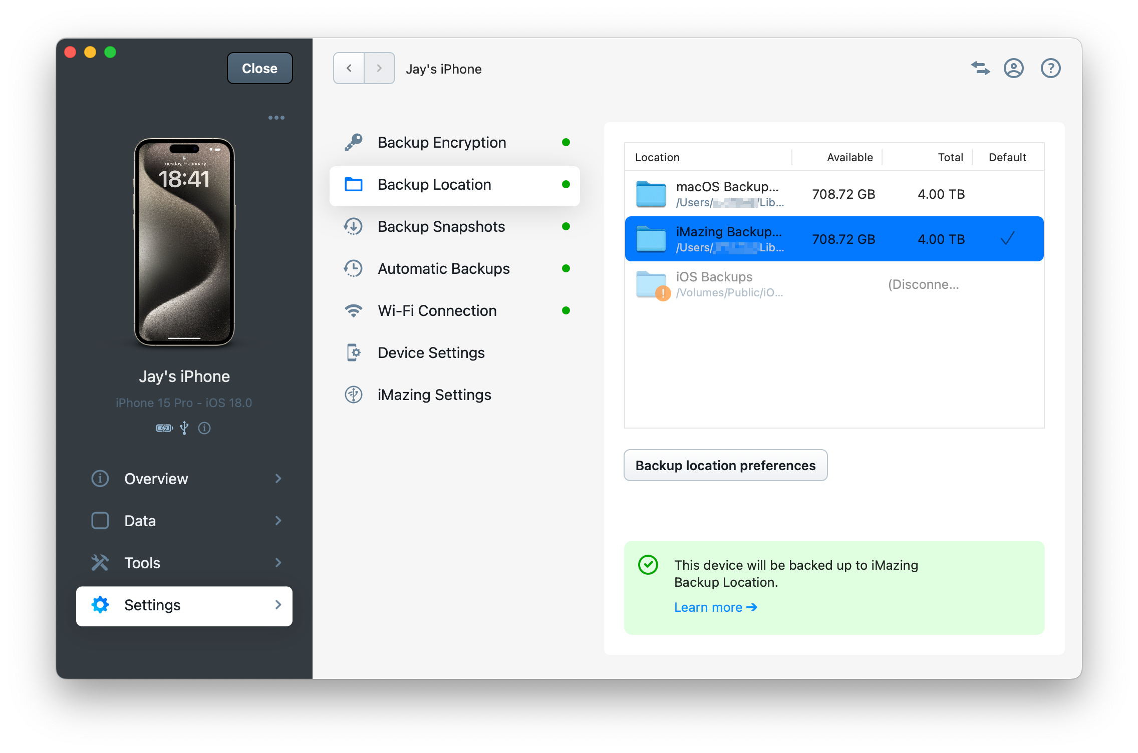 iMazing backup location