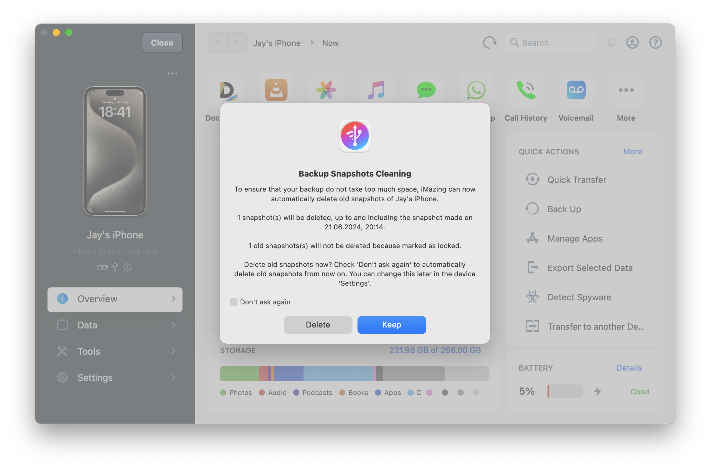 iMazing Backup Snapshots Cleaning Dialog