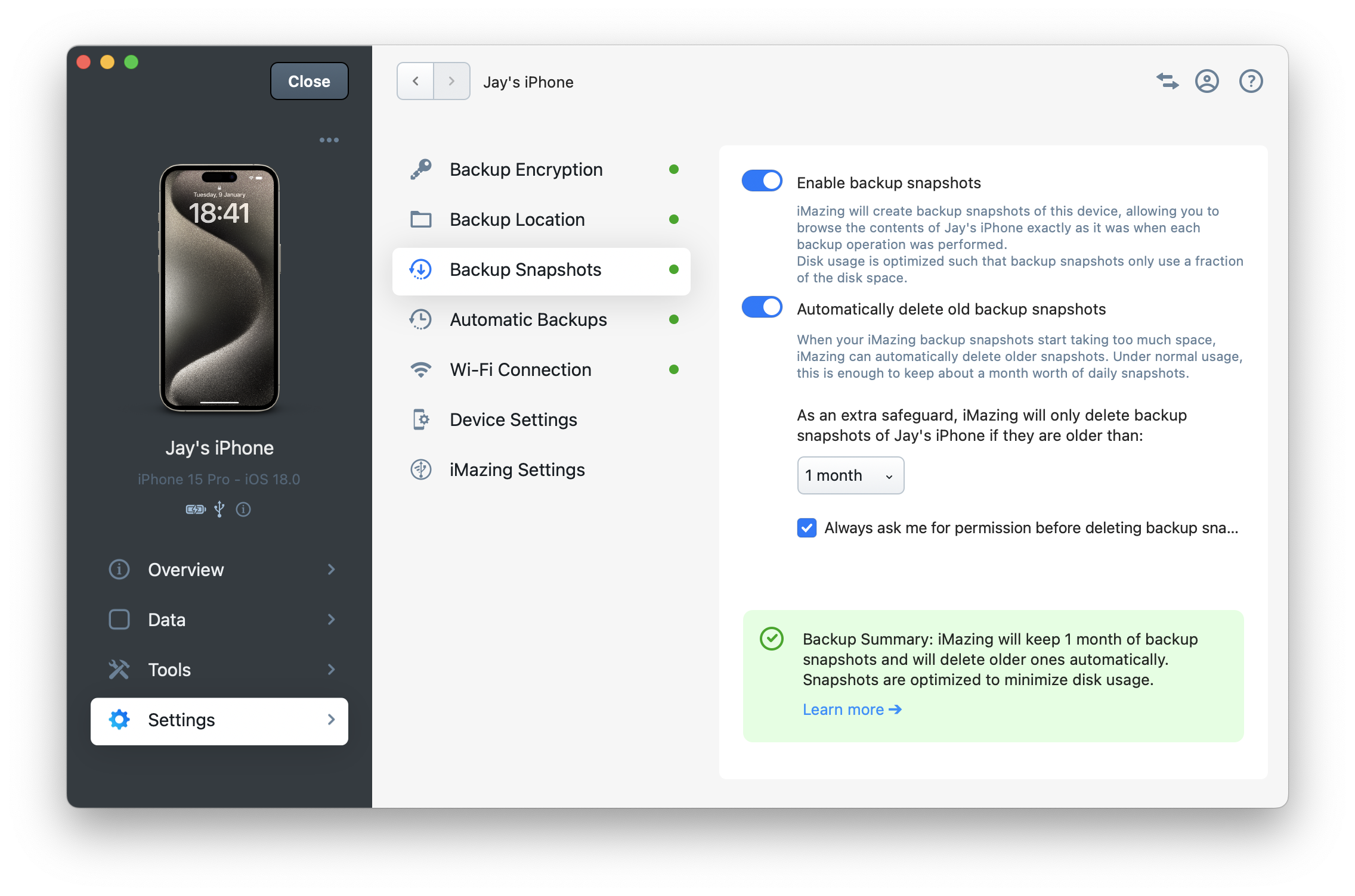 iMazing Backup Snapshots Options