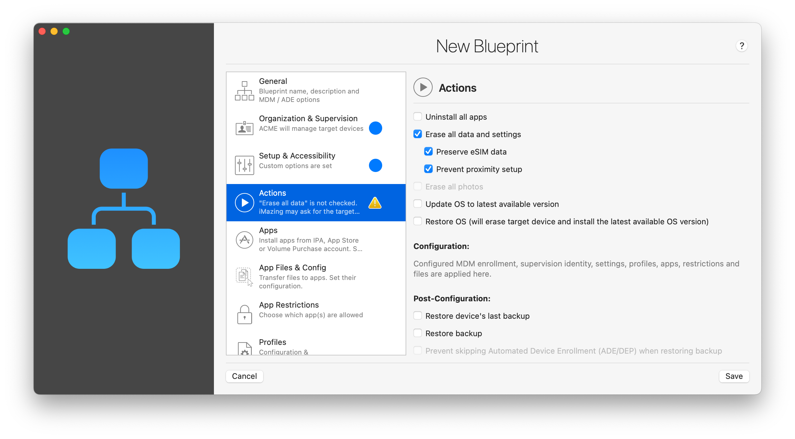 iMazing Configurator, Blueprint Editor Actions Section