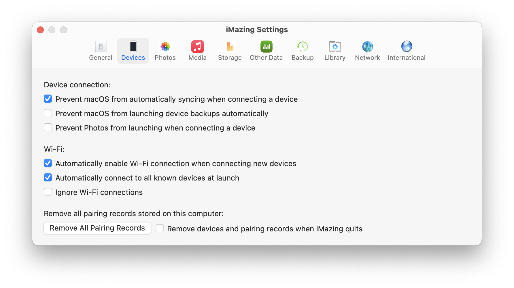iMazing Wi-Fi Preferences, Devices tab