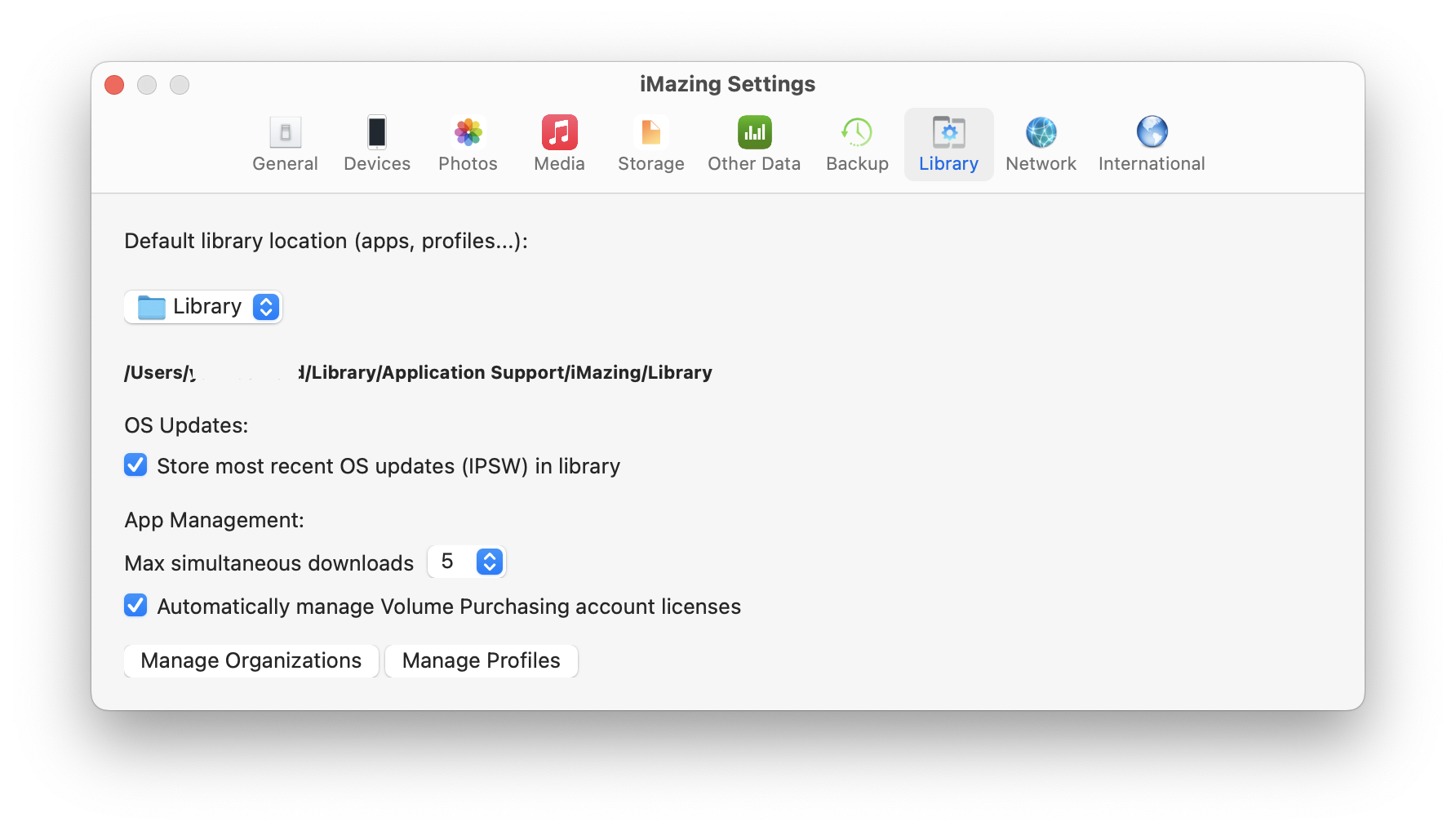 iMazing Preferences, Library tab