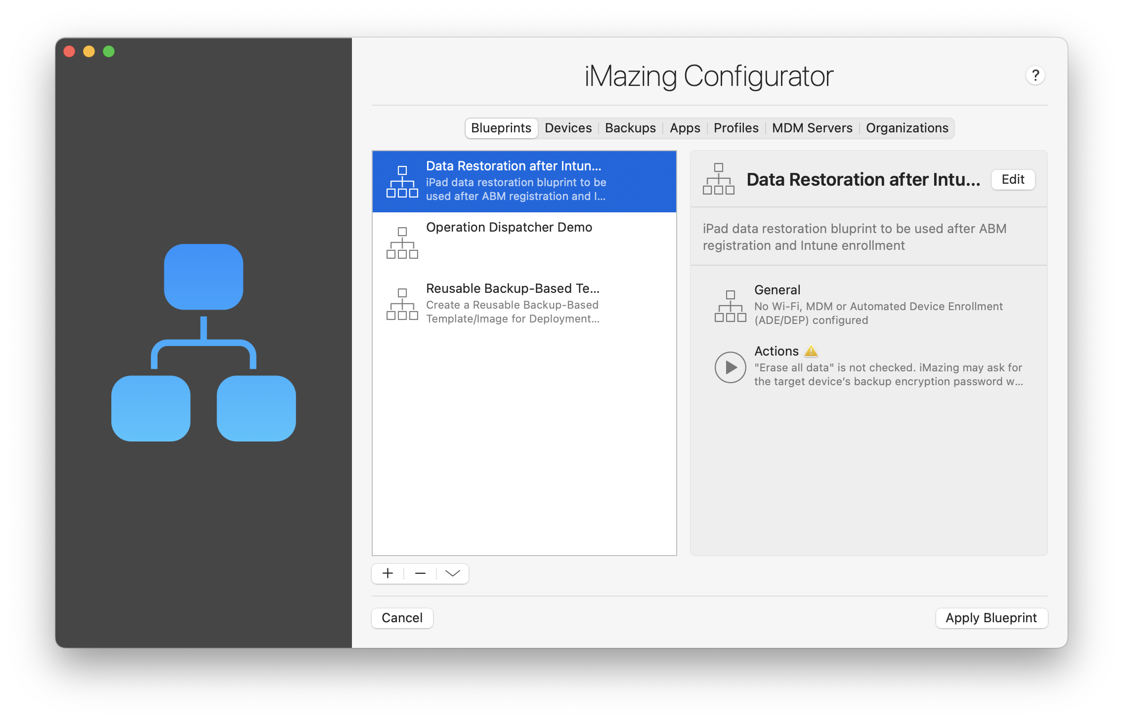iMazing Configurator Library View, Blueprints Tab