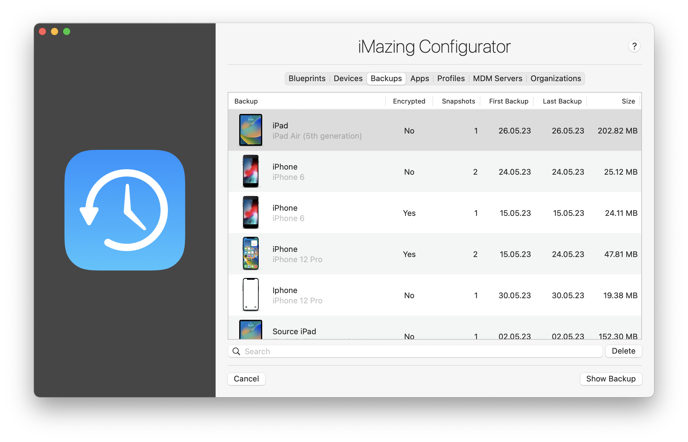 iMazing Configurator Library, Backups Tab