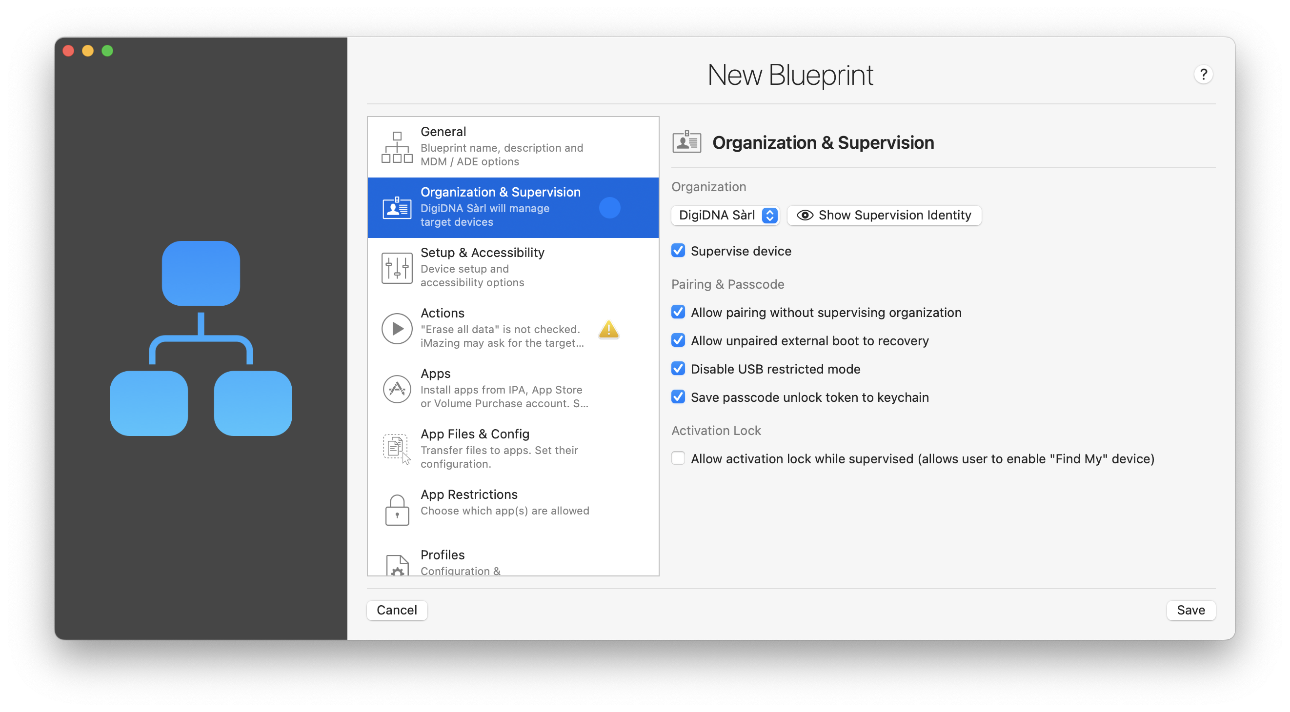 iMazing Configurator, Blueprint Editor Organization & Supervision Section