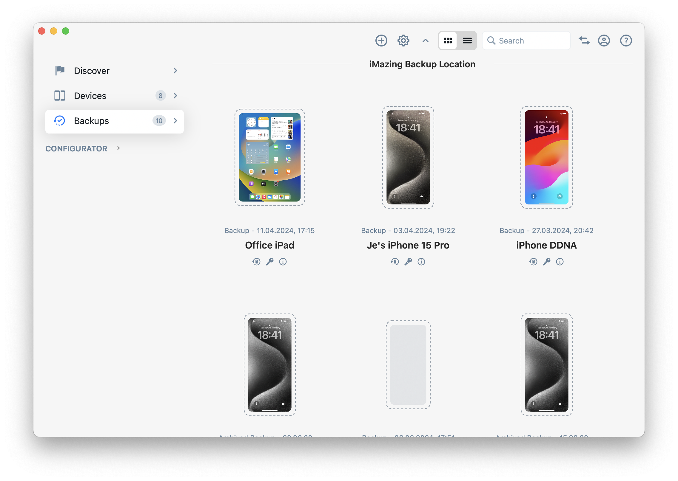 iMazing 3 Home Screen - Backups Grid View