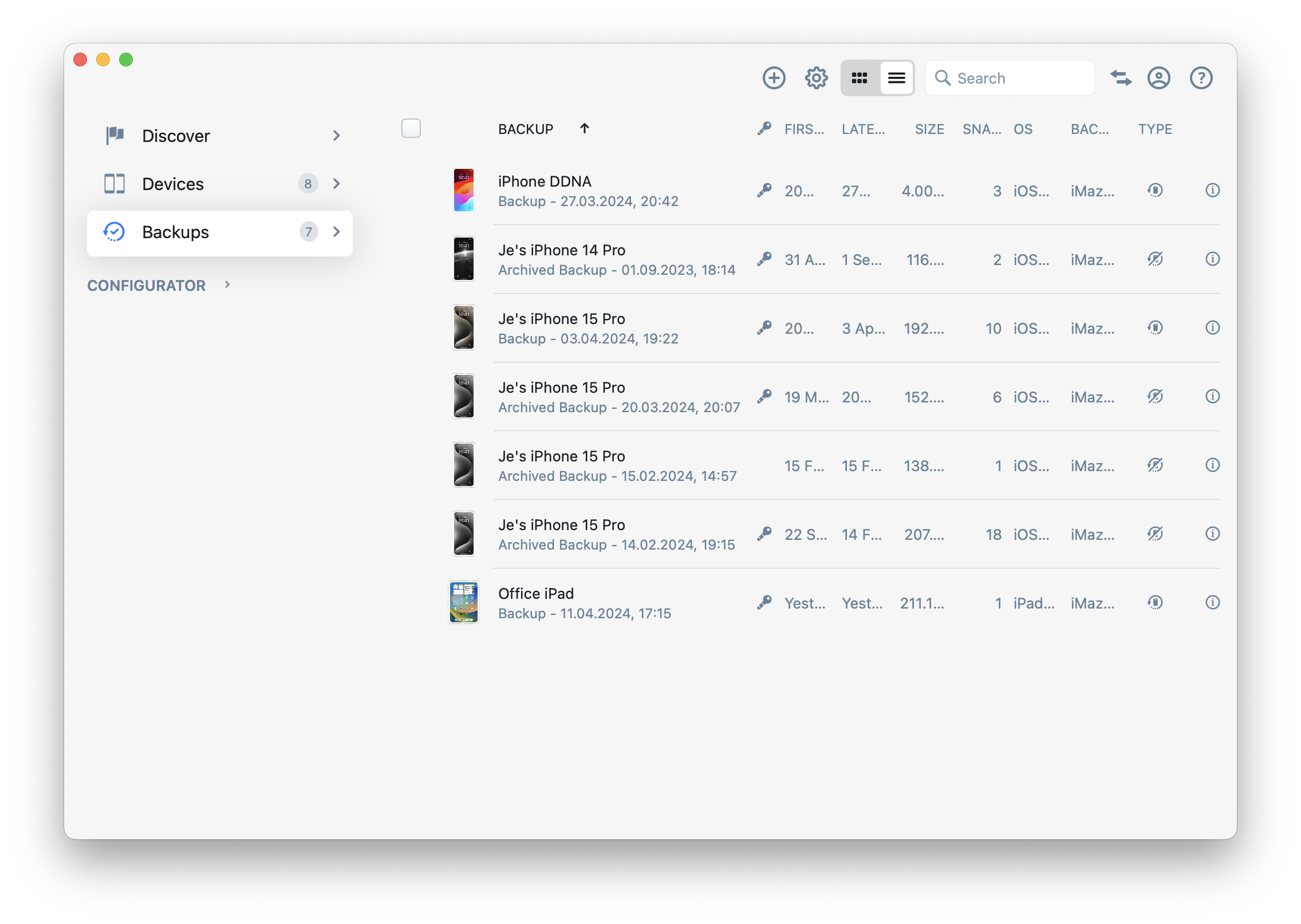 iMazing 3 Home Screen - Backups Grid View