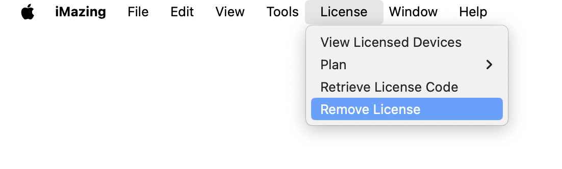 iMazing License Menu - Remove License