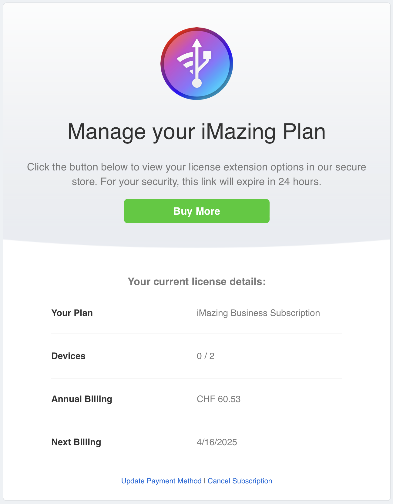 iMazing License Menu - Manage Plan