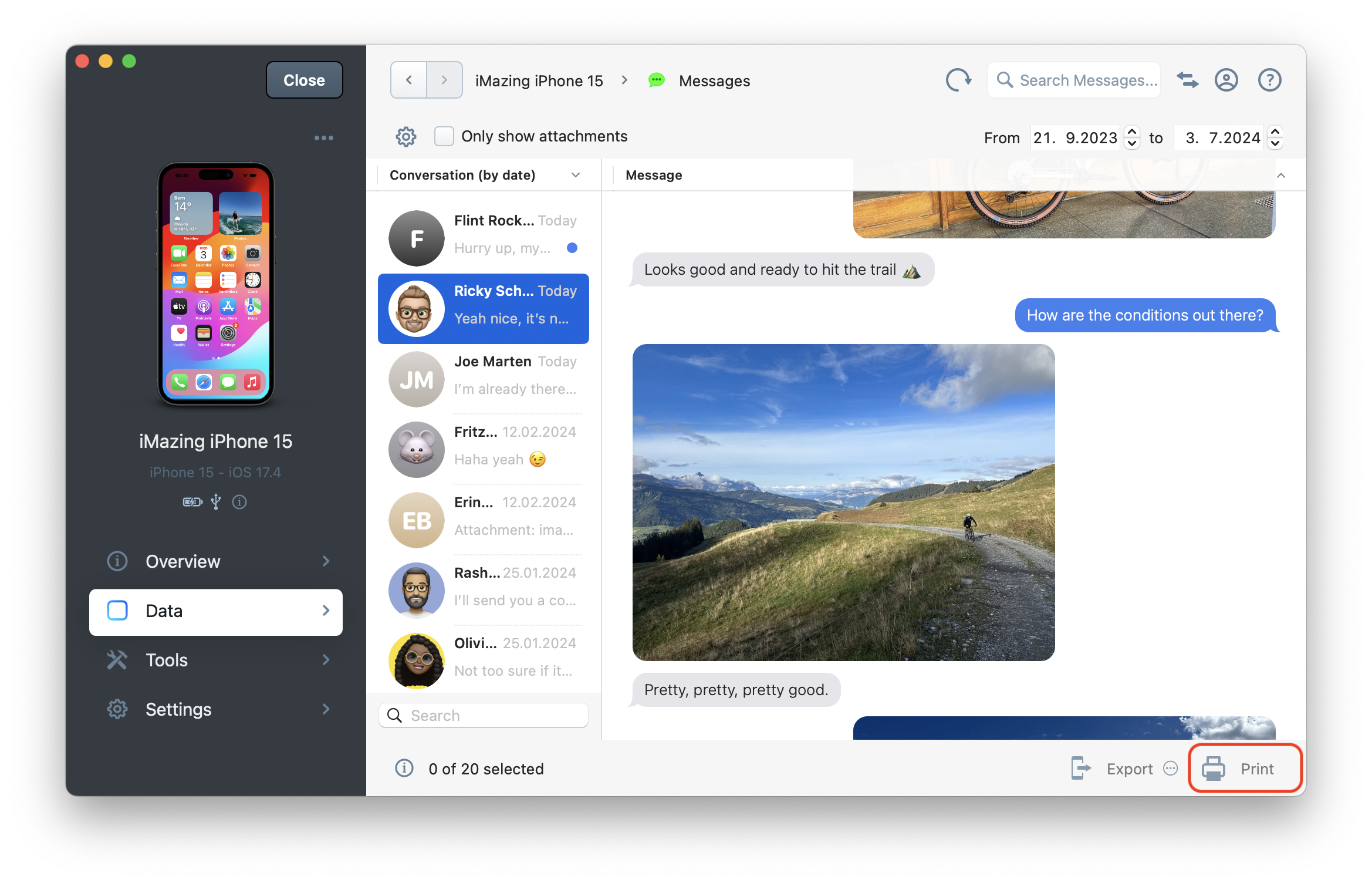 iMazing's Messages View, thread selected