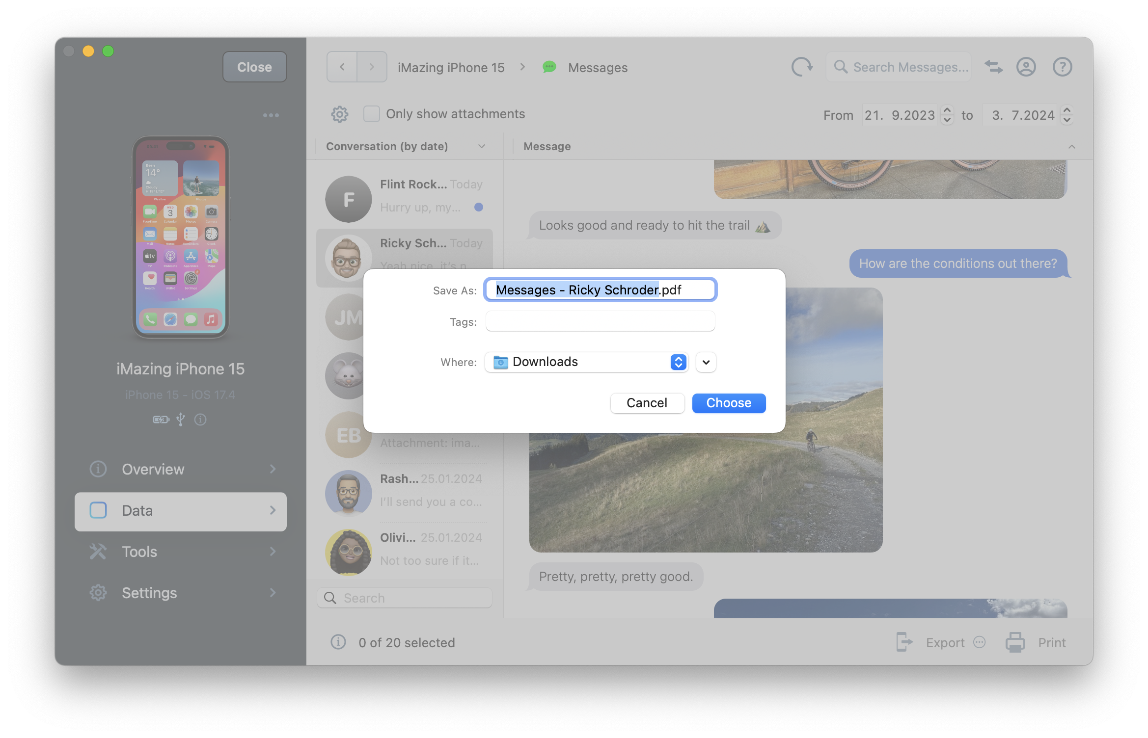 iMazing's Messages View, Save Panel