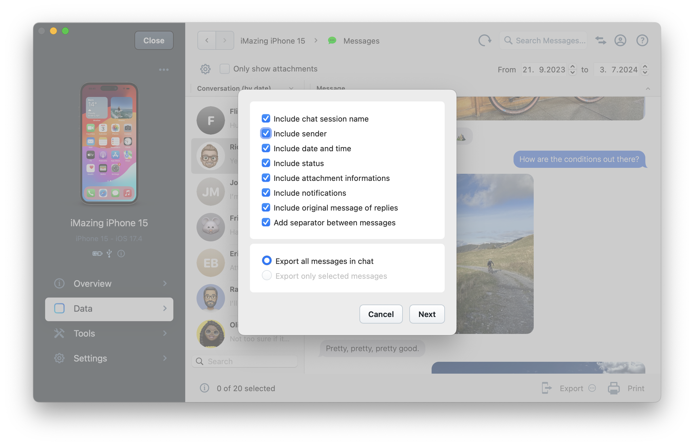 iMazing Messages view, Text Export Options