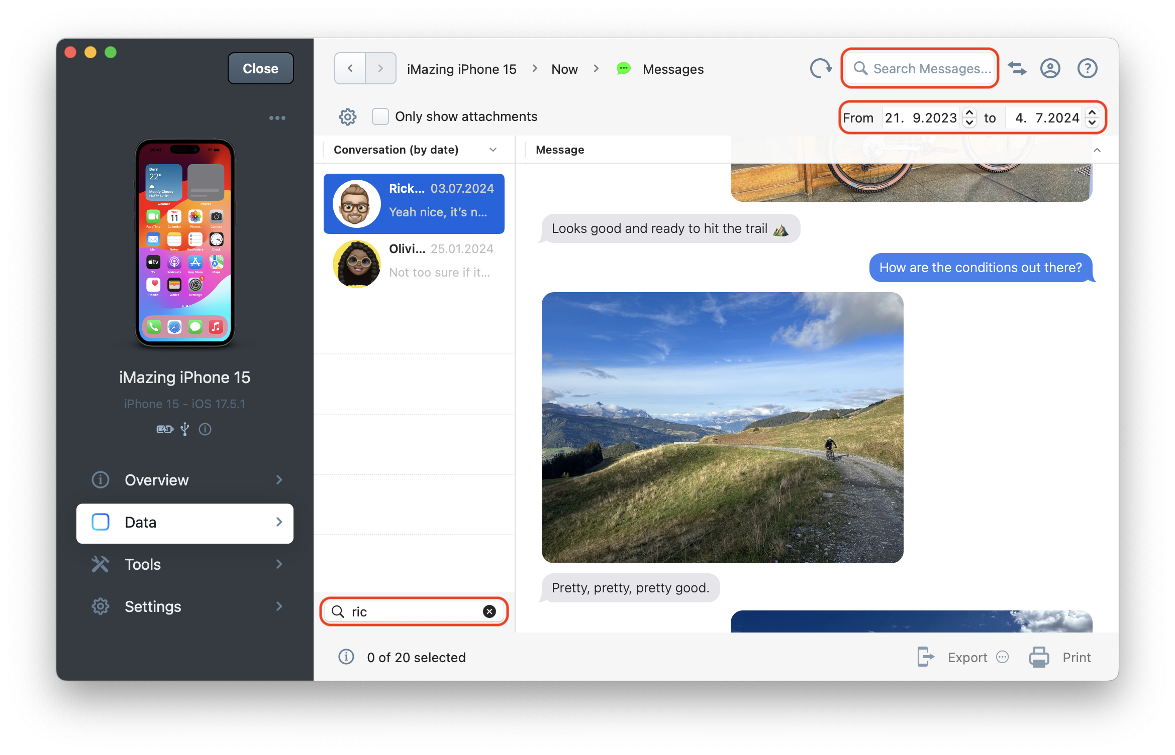 iMazing Messages view, search fields