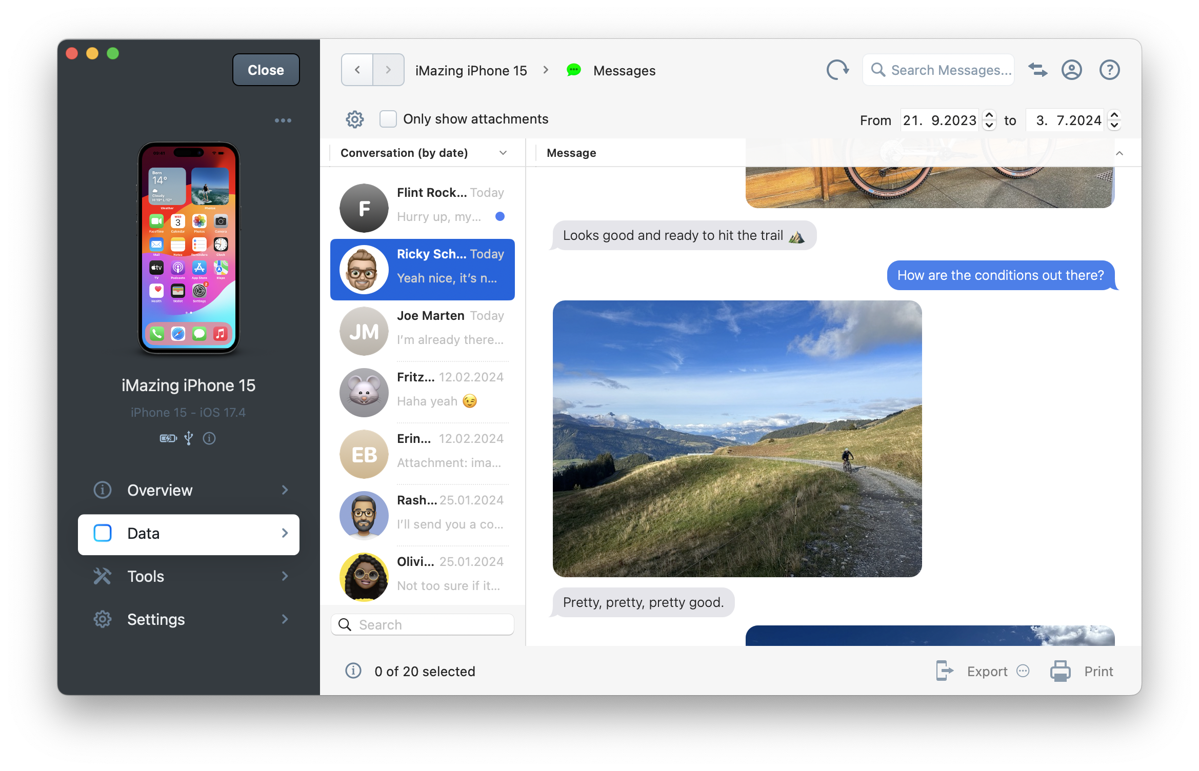 iMazing's Messages View, thread selected
