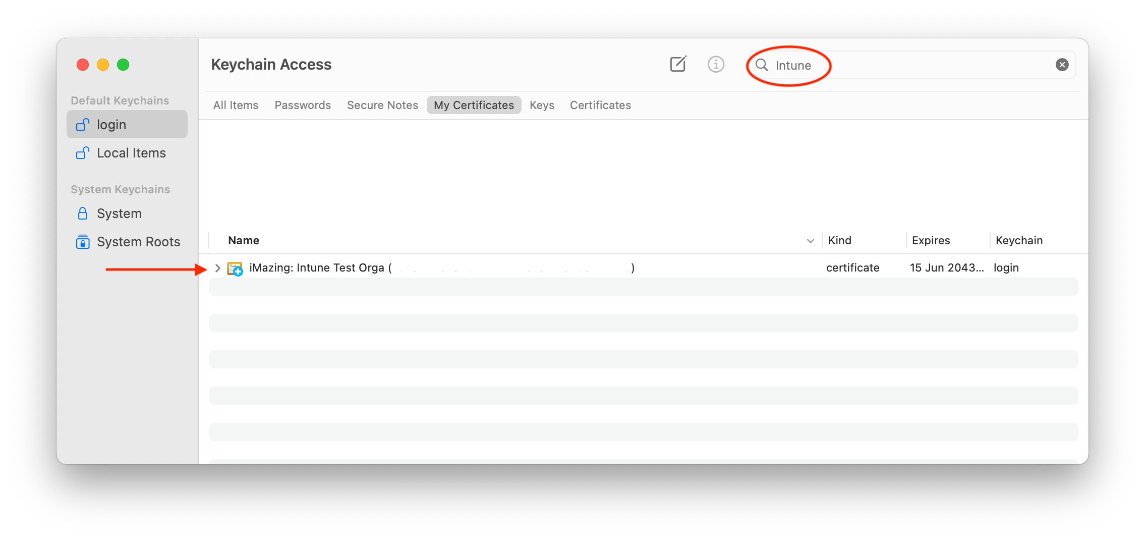 Find your Organization in Keychain