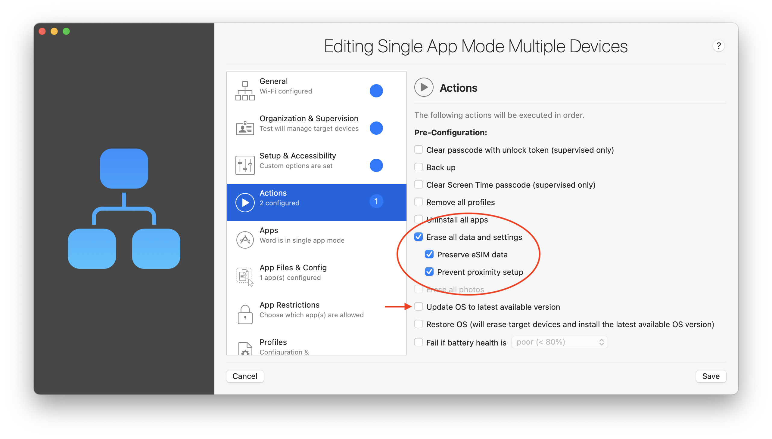 Configure actions